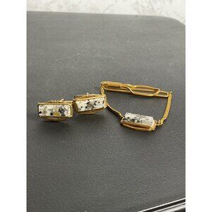 Vintage Mens Cufflinks & Tie Clip Set Gold Tone With Stone Inlay